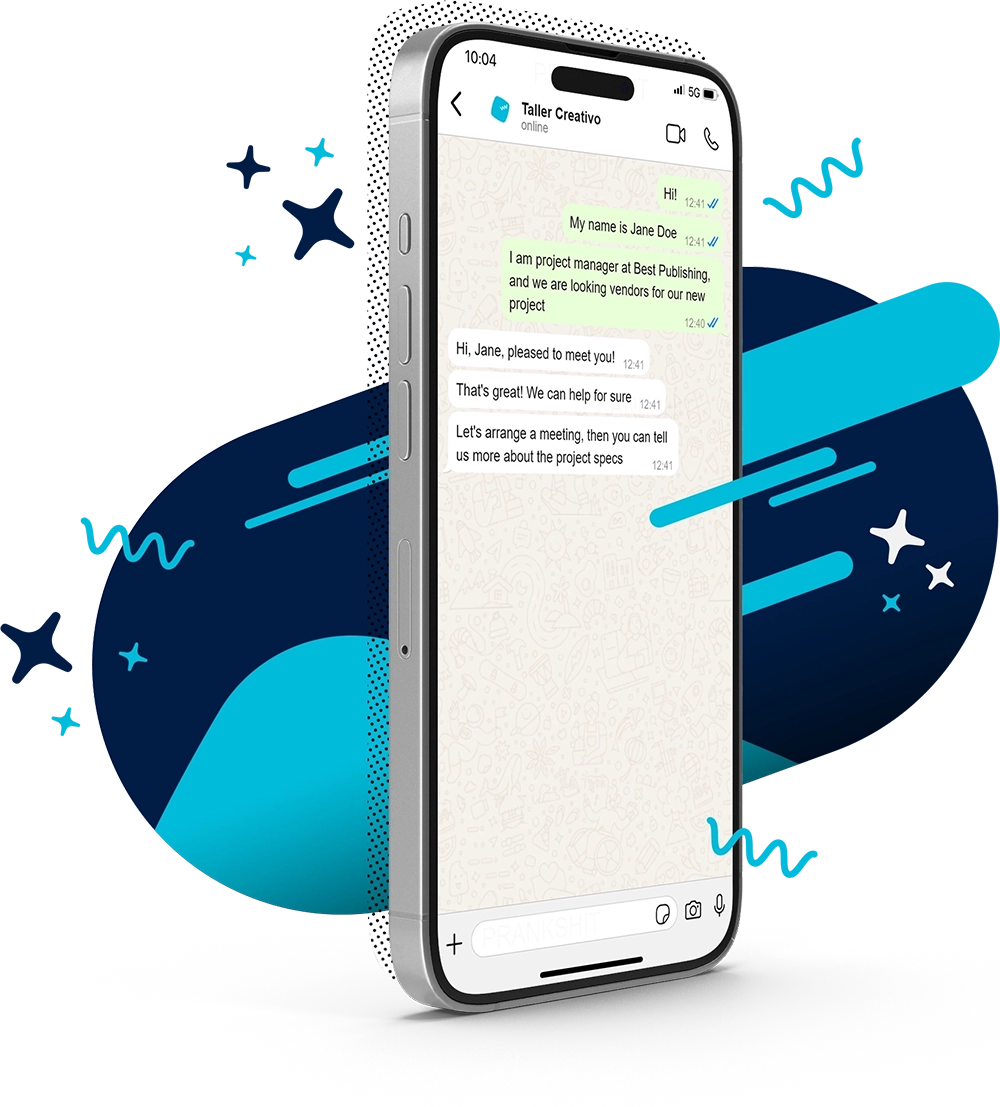 Standing cellphone with whatsapp chat opened with a Taller Creativo prospect